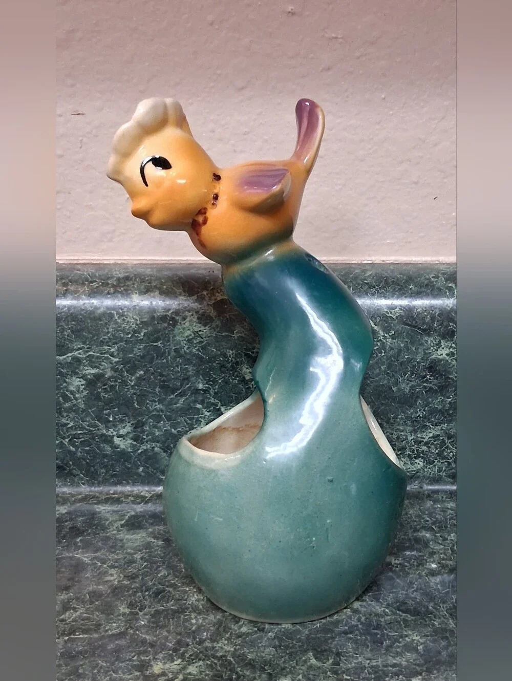 Vintage Pottery Bird Wearing Hat on a Gourd Anthropomorphic Succulent Planter